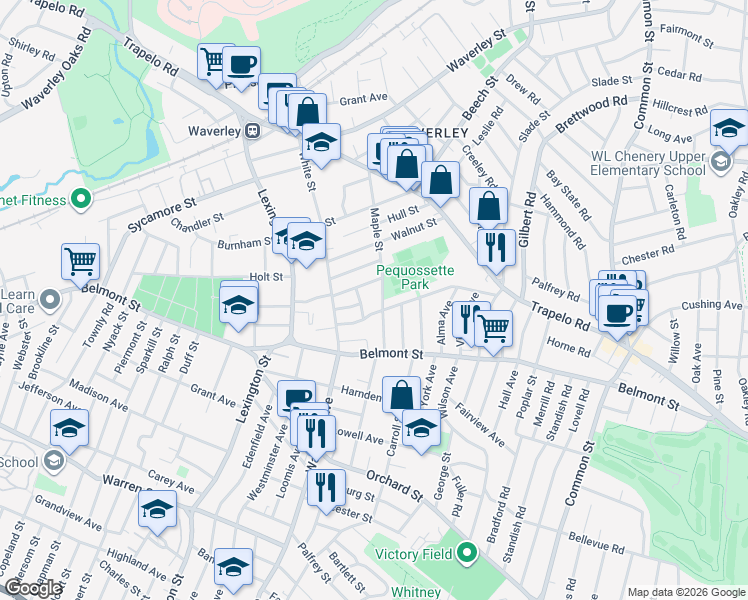map of restaurants, bars, coffee shops, grocery stores, and more near 47 Chestnut Street in Belmont