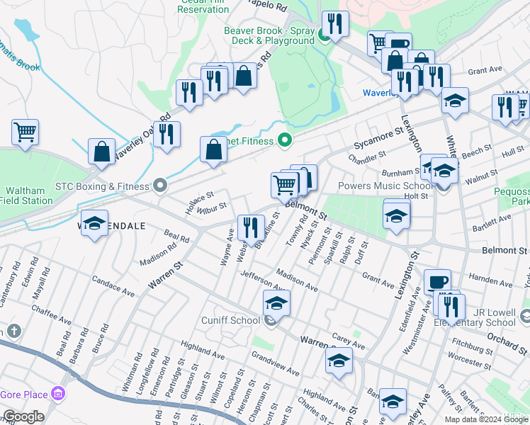 map of restaurants, bars, coffee shops, grocery stores, and more near 344 Warren Street in Waltham
