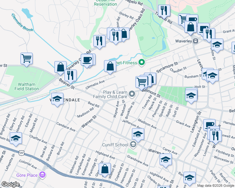 map of restaurants, bars, coffee shops, grocery stores, and more near 78 Wilbur Street in Waltham