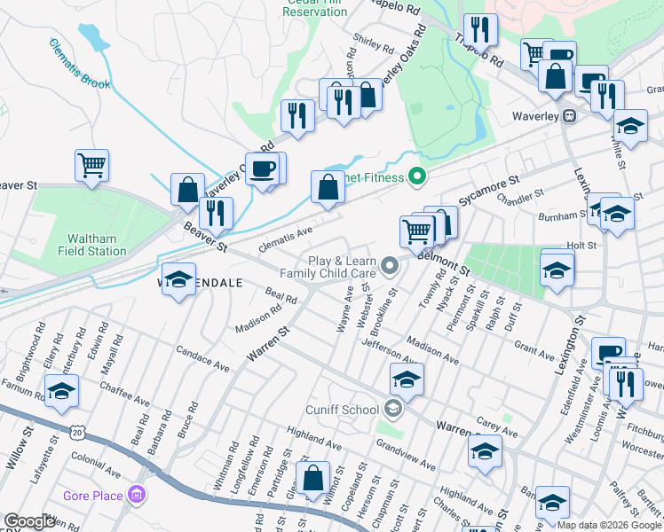 map of restaurants, bars, coffee shops, grocery stores, and more near 78 Wilbur Street in Waltham