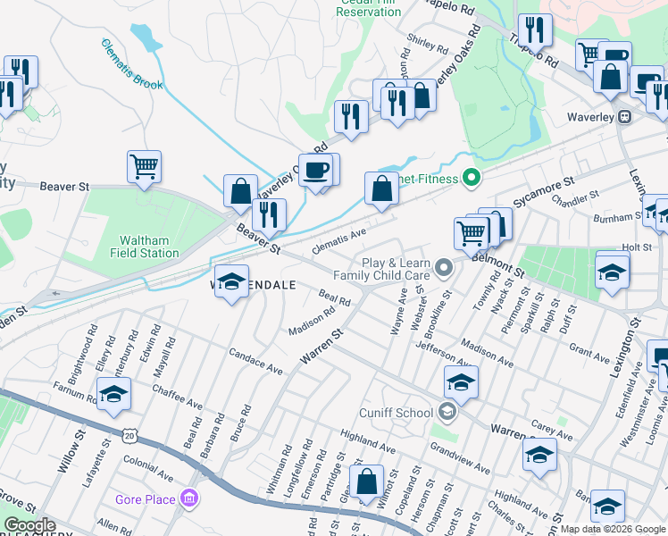 map of restaurants, bars, coffee shops, grocery stores, and more near 3 Wilbur Street in Waltham