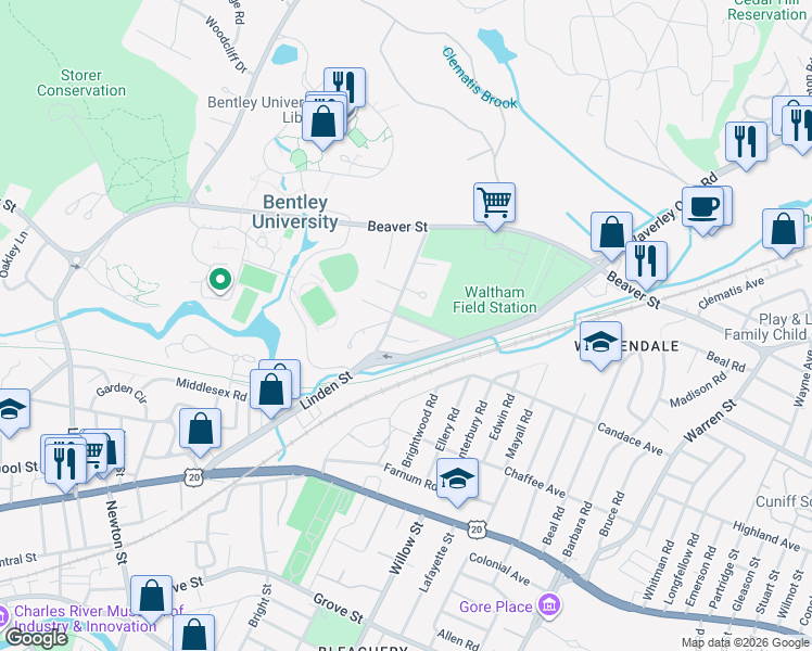 map of restaurants, bars, coffee shops, grocery stores, and more near 19 Floral Circle in Waltham
