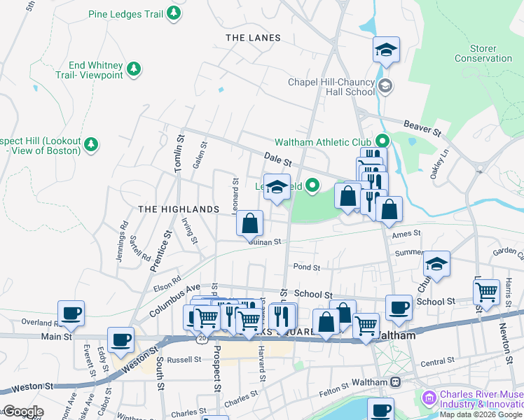 map of restaurants, bars, coffee shops, grocery stores, and more near 23 Caughey Street in Waltham