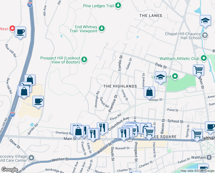 map of restaurants, bars, coffee shops, grocery stores, and more near 25 Wyola Prospect in Waltham