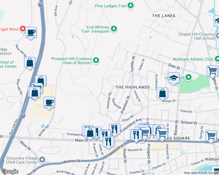 map of restaurants, bars, coffee shops, grocery stores, and more near 233 Prospect Hill Road in Waltham