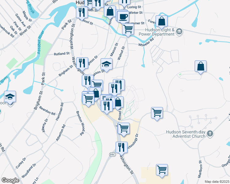 map of restaurants, bars, coffee shops, grocery stores, and more near 157 Broad Street in Hudson
