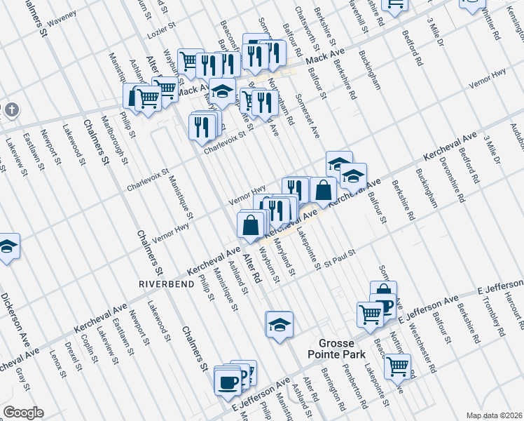 map of restaurants, bars, coffee shops, grocery stores, and more near 1259 Maryland Street in Grosse Pointe Park