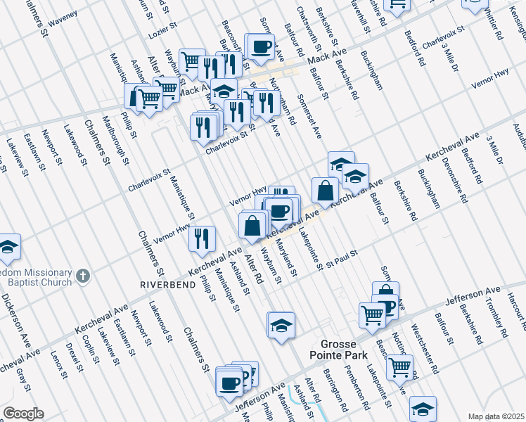 map of restaurants, bars, coffee shops, grocery stores, and more near 1259 Maryland Street in Grosse Pointe Park