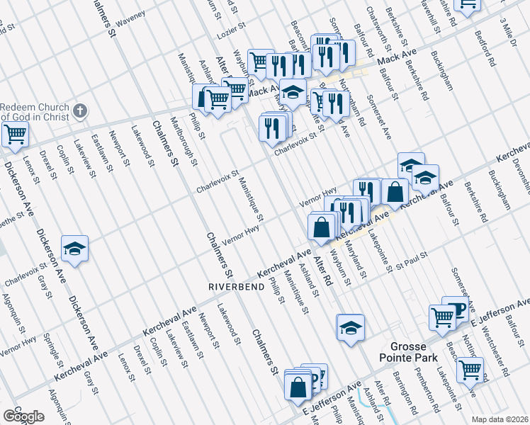 map of restaurants, bars, coffee shops, grocery stores, and more near 2540 Ashland Street in Detroit