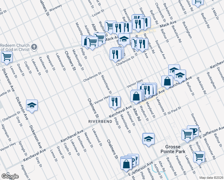 map of restaurants, bars, coffee shops, grocery stores, and more near 2540 Ashland Street in Detroit
