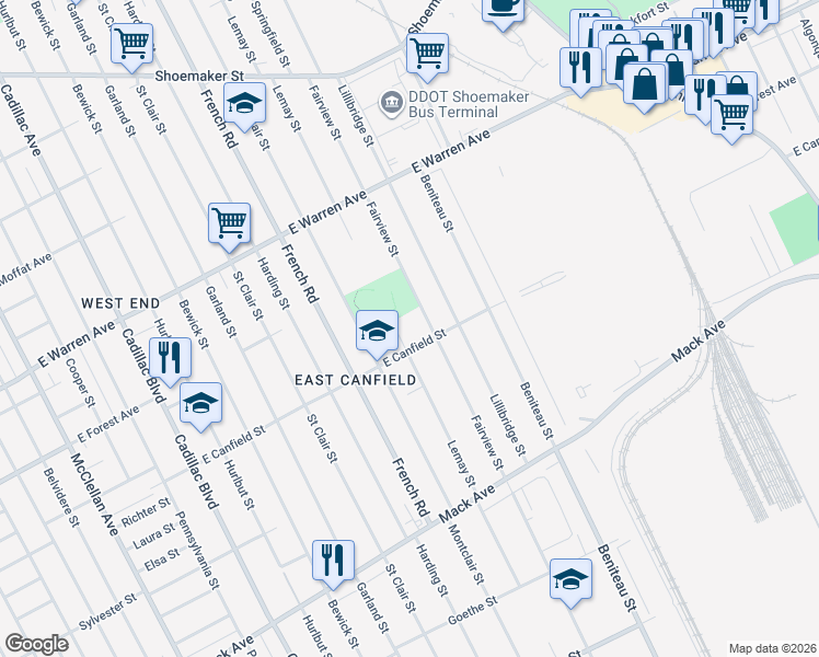 map of restaurants, bars, coffee shops, grocery stores, and more near 4462 Lemay Street in Detroit