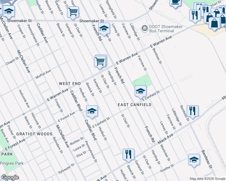 map of restaurants, bars, coffee shops, grocery stores, and more near 4591 Harding Street in Detroit