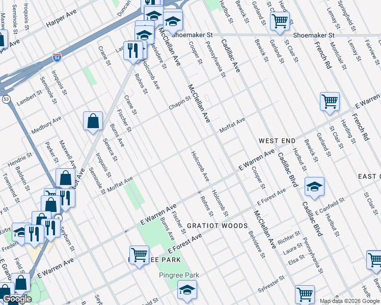 map of restaurants, bars, coffee shops, grocery stores, and more near 5300 Holcomb Street in Detroit