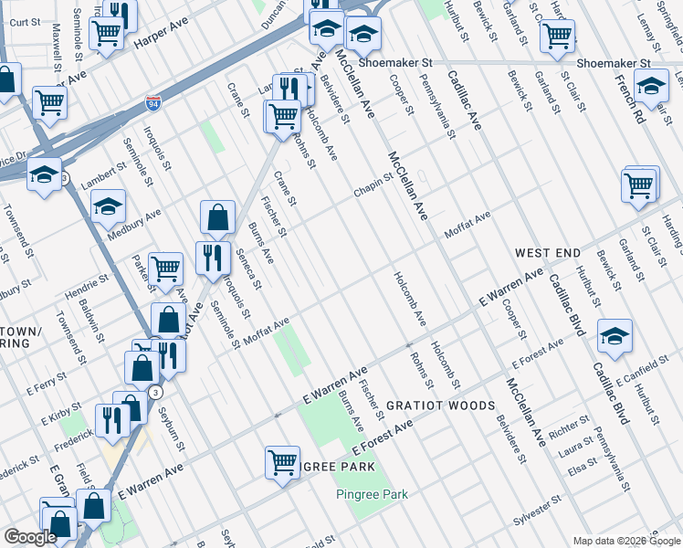 map of restaurants, bars, coffee shops, grocery stores, and more near 5362 Crane Street in Detroit