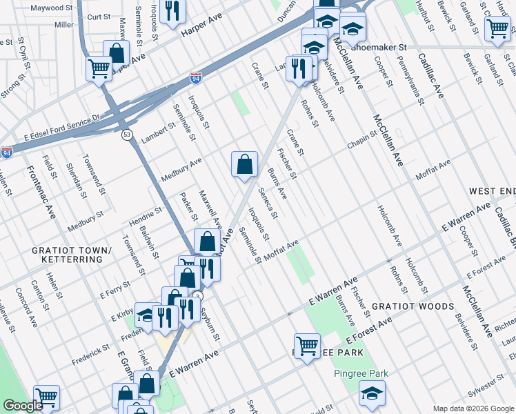 map of restaurants, bars, coffee shops, grocery stores, and more near 5475 Seneca Street in Detroit