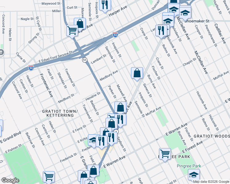 map of restaurants, bars, coffee shops, grocery stores, and more near 8044 Hendrie Street in Detroit