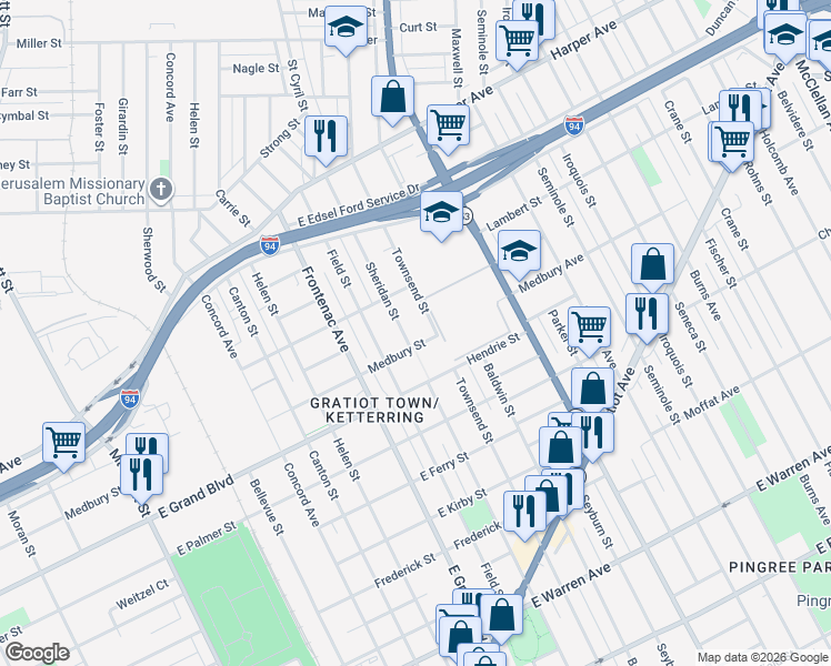 map of restaurants, bars, coffee shops, grocery stores, and more near 5960 Sheridan Street in Detroit