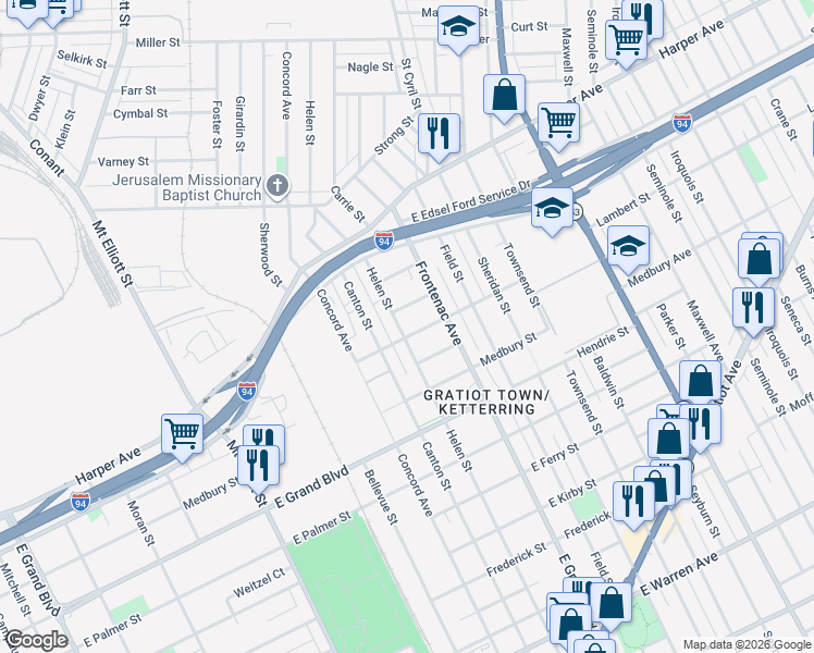 map of restaurants, bars, coffee shops, grocery stores, and more near 6144 Helen Street in Detroit