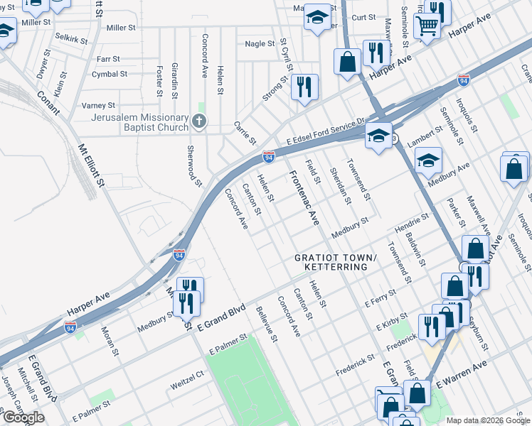 map of restaurants, bars, coffee shops, grocery stores, and more near 6191 Canton Street in Detroit