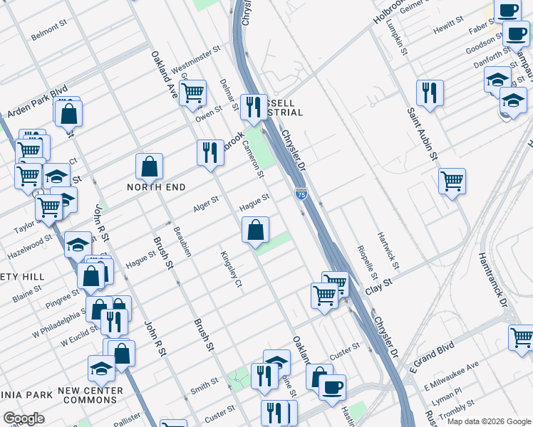 map of restaurants, bars, coffee shops, grocery stores, and more near 974 Hague Street in Detroit