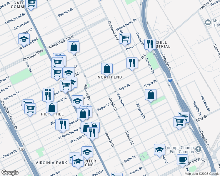 map of restaurants, bars, coffee shops, grocery stores, and more near 455 King Street in Detroit