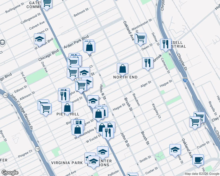 map of restaurants, bars, coffee shops, grocery stores, and more near 209 Josephine Street in Detroit