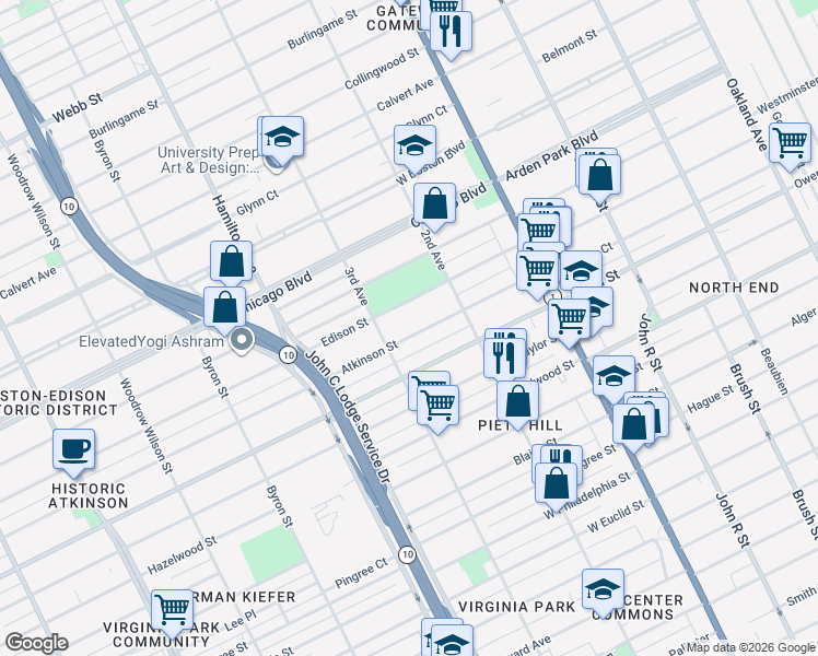 map of restaurants, bars, coffee shops, grocery stores, and more near 727 Edison Street in Detroit