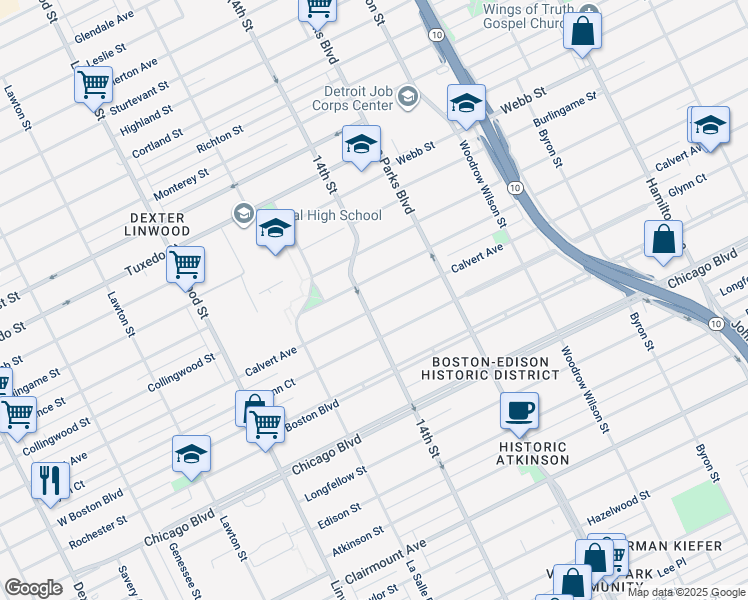 map of restaurants, bars, coffee shops, grocery stores, and more near 2071 Collingwood Street in Detroit