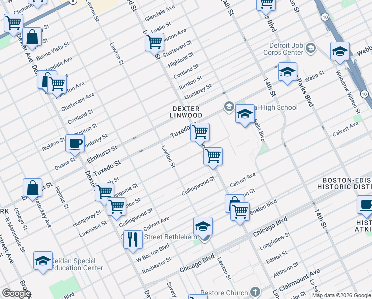 map of restaurants, bars, coffee shops, grocery stores, and more near 2674 Webb Street in Detroit