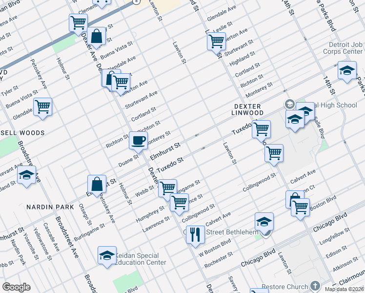 map of restaurants, bars, coffee shops, grocery stores, and more near 3236 Elmhurst Street in Detroit
