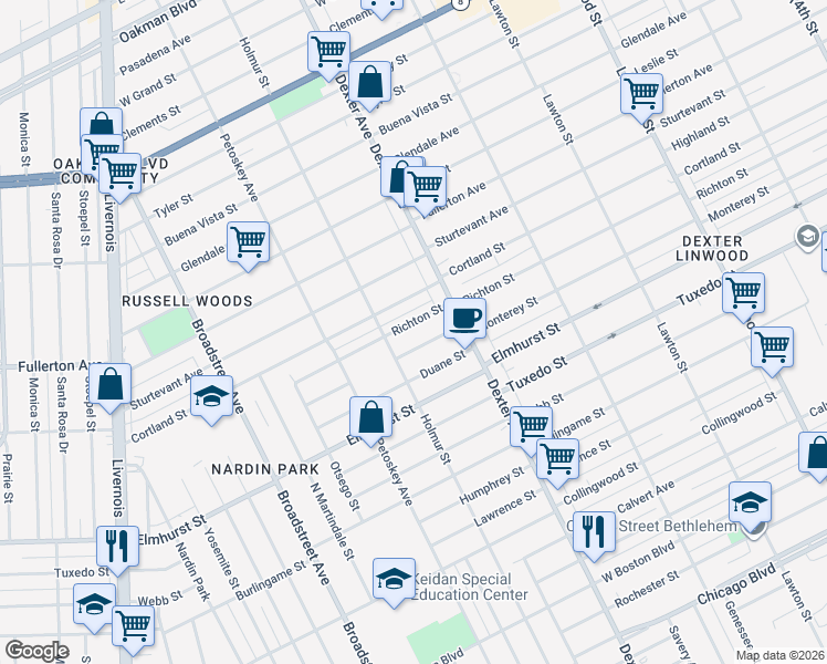 map of restaurants, bars, coffee shops, grocery stores, and more near 3815 Cortland Street in Detroit