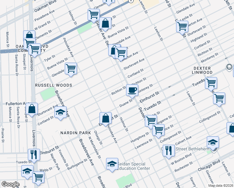 map of restaurants, bars, coffee shops, grocery stores, and more near 3815 Cortland Street in Detroit