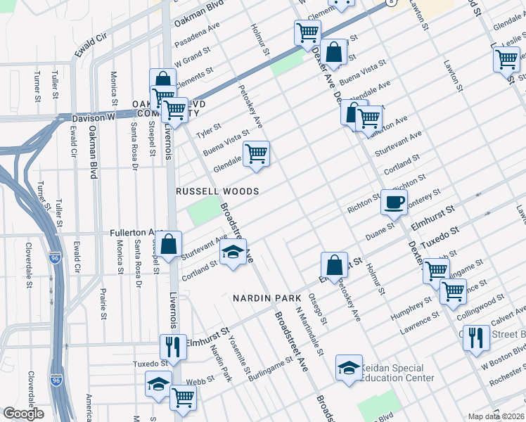map of restaurants, bars, coffee shops, grocery stores, and more near 4341 Fullerton Avenue in Detroit