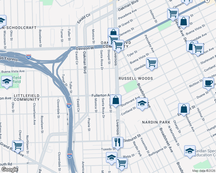 map of restaurants, bars, coffee shops, grocery stores, and more near 12683 Stoepel Street in Detroit