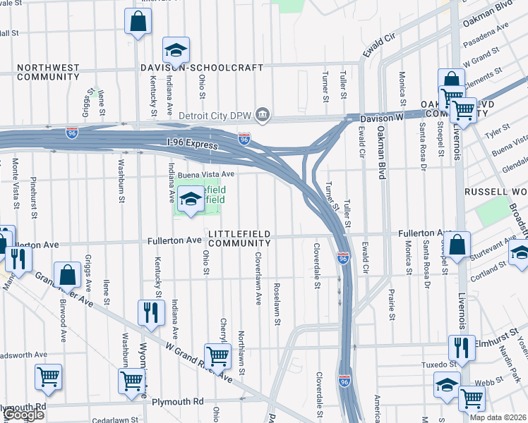 map of restaurants, bars, coffee shops, grocery stores, and more near 12709 Roselawn Street in Detroit