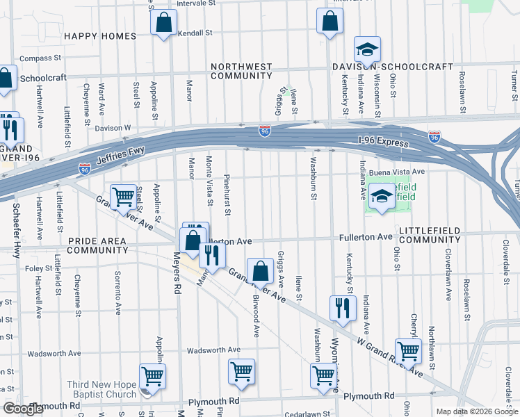 map of restaurants, bars, coffee shops, grocery stores, and more near 12722 Birwood Street in Detroit