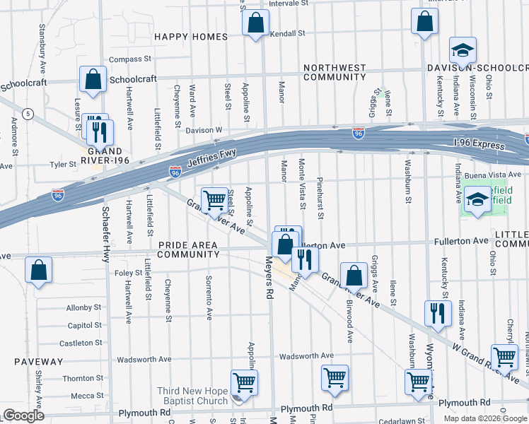 map of restaurants, bars, coffee shops, grocery stores, and more near 12741 Meyers Road in Detroit