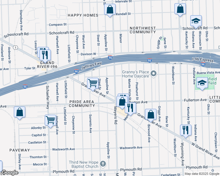 map of restaurants, bars, coffee shops, grocery stores, and more near 12741 Meyers Road in Detroit