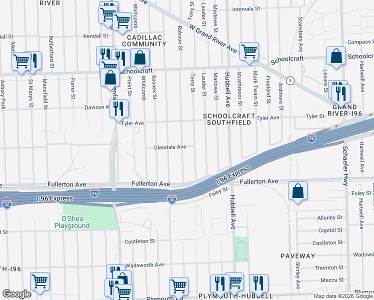 map of restaurants, bars, coffee shops, grocery stores, and more near 12801 Terry Street in Detroit