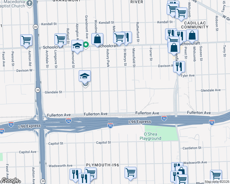 map of restaurants, bars, coffee shops, grocery stores, and more near 12811 Mettetal Street in Detroit