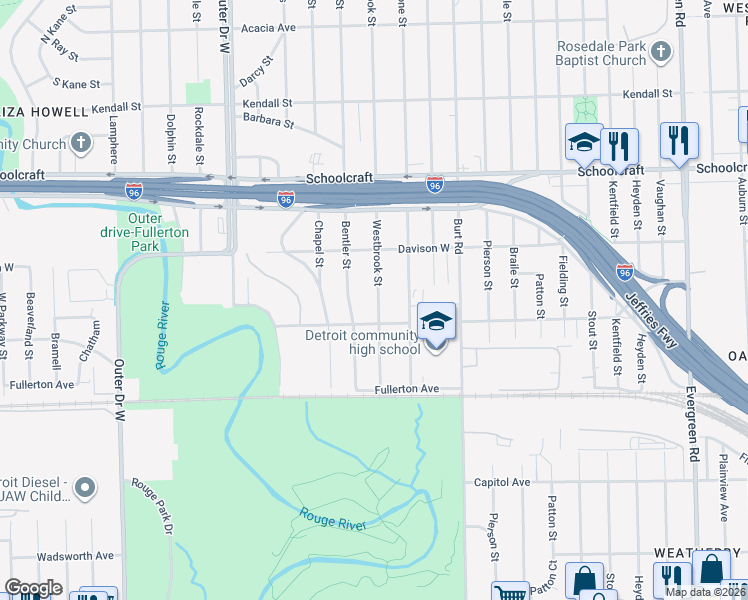 map of restaurants, bars, coffee shops, grocery stores, and more near 12865 Westbrook Street in Detroit