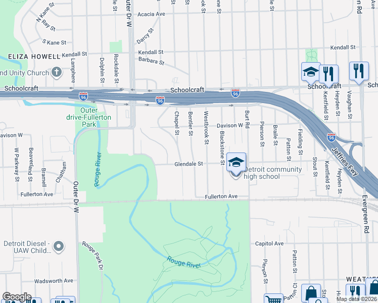 map of restaurants, bars, coffee shops, grocery stores, and more near 12881 Bentler Street in Detroit