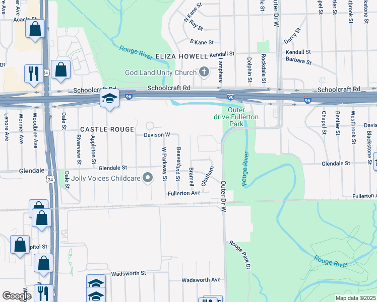map of restaurants, bars, coffee shops, grocery stores, and more near 12908 Bramell in Detroit