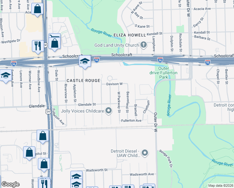 map of restaurants, bars, coffee shops, grocery stores, and more near 12891 West Parkway Street in Detroit