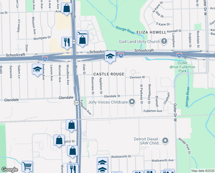 map of restaurants, bars, coffee shops, grocery stores, and more near 12908 Virgil Street in Detroit