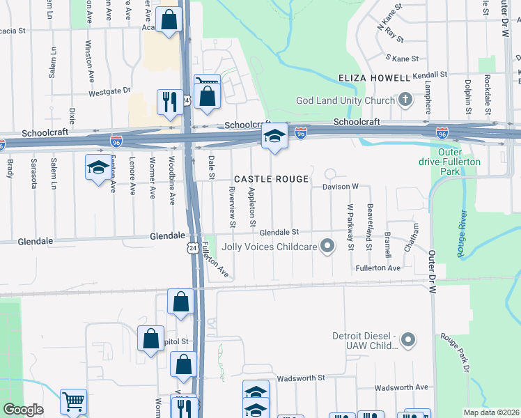 map of restaurants, bars, coffee shops, grocery stores, and more near 12908 Virgil Street in Detroit