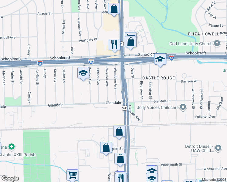 map of restaurants, bars, coffee shops, grocery stores, and more near 12908 Woodbine in Redford Charter Township