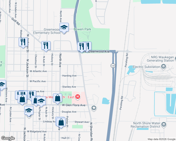 map of restaurants, bars, coffee shops, grocery stores, and more near 221 East Keith Avenue in Waukegan