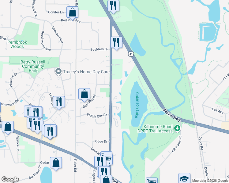map of restaurants, bars, coffee shops, grocery stores, and more near 1544 Queen Ann Lane in Gurnee