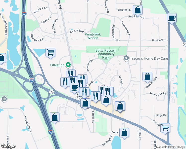 map of restaurants, bars, coffee shops, grocery stores, and more near 5396 Virginia Court in Gurnee